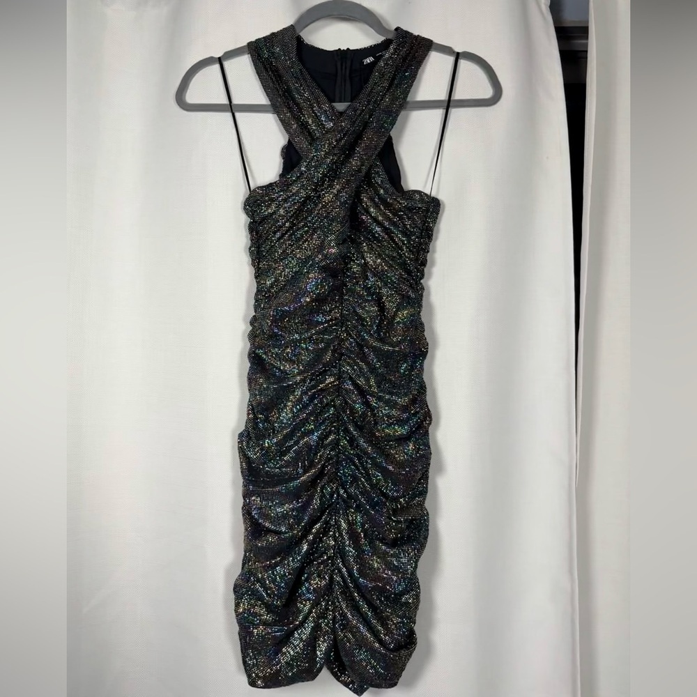 Zara Black Rainbow Metallic Cross Neck Halter Ruched Mini Dress XS - Picture 7 of 16